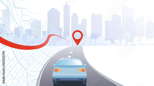 Concept of navigation to city. Car traveling on road, with red arrow pointing towards skyline city buildings and road going to the city. Traffic on the highway. Vector illustration