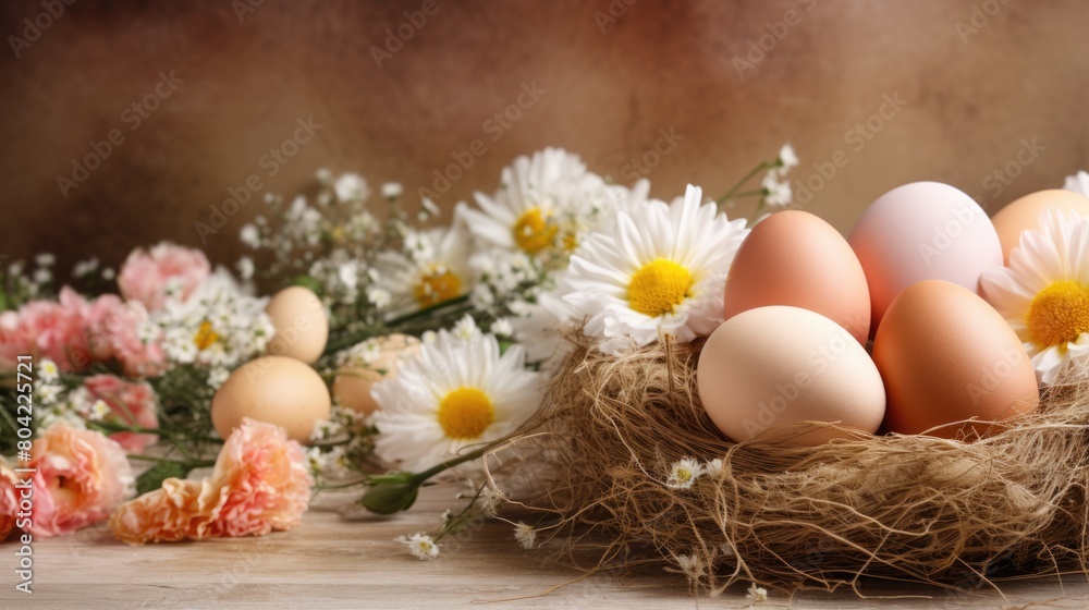 Colorful Easter Eggs in Nest with Spring Flowers