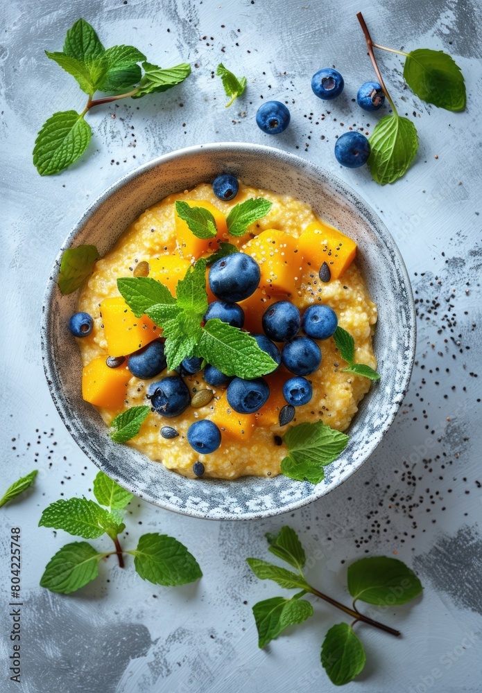 Millet porridge with blueberries, pumpkin and mango in a bowl Millet porridge with blueberries, pumpkin and mango in a bowl
