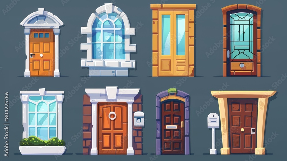 The front door is a cartoon house entrance with brick jambs and a window. Modern illustration set of a closed wooden colorful doorway with a handle, mailbox, and decorative glass frame.