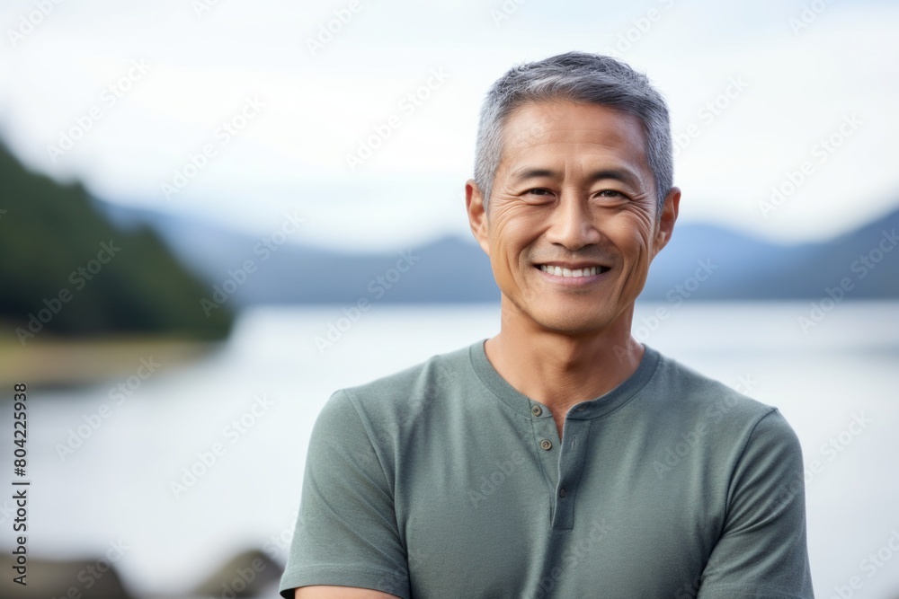 Portrait of a happy asian man in his 50s dressed in a casual t-shirt on serene lakeside view Portrait of a happy asian man in his 50s dressed in a casual t-shirt on serene lakeside view