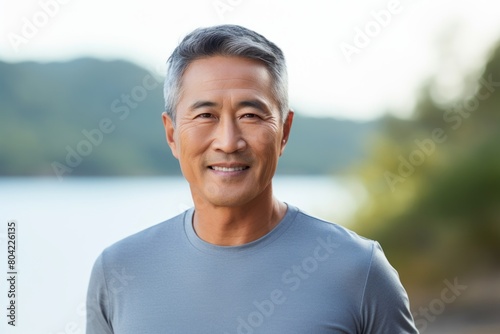 Portrait of a happy asian man in his 50s dressed in a casual t-shirt over serene lakeside view