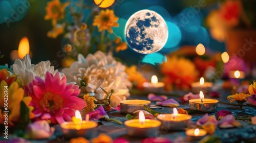 Vibrant floral arrangement with candles under moonlight. Festival of Lights and Diwali