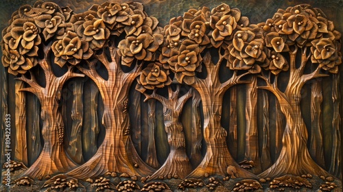 Carved wooden trees with detailed foliage and textured landscape.