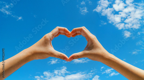 Hands in the form of heart against the sky. Hands in shape of love heart. Sign of love, harmony, gratitude, charity