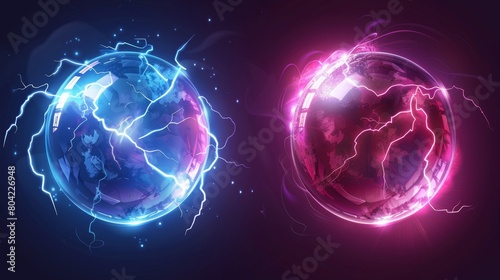 Bubble shield with energy and thunder effect. Abstract protective sphere dome technology. Modern secure glass cyber immune. AI hexagon grid smoke design. Magic defence game element.