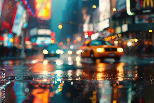 Neon lights reflection on road in rainy weather.