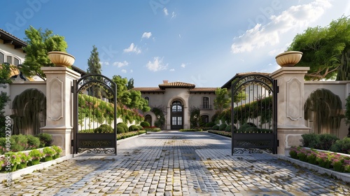 A luxury home entrance with a custom-designed gate and a cobblestone courtyard