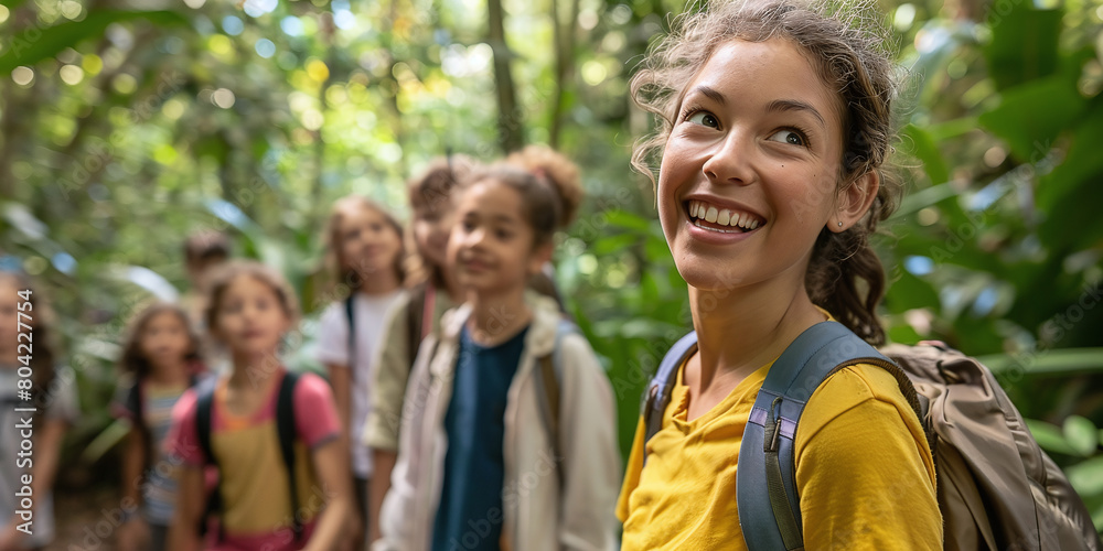 A teacher leading a group of enthusiastic students on a nature hike through a lush forest, using the outdoors as a classroom for experiential learning and environmental education A teacher leading a group of enthusiastic students on a nature hike through a lush forest, using the outdoors as a classroom for experiential learning and environmental education