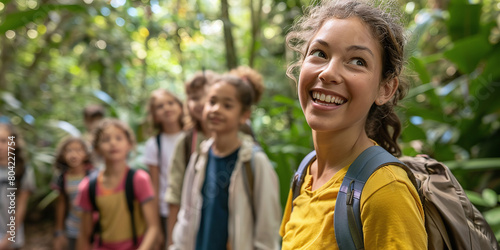 A teacher leading a group of enthusiastic students on a nature hike through a lush forest, using the outdoors as a classroom for experiential learning and environmental education