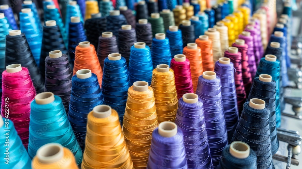 Fototapeta premium Colorful cotton threads on spools for sewing and embroidery, ideal for creative crafts and projects