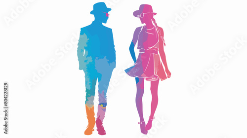 couple colorful silhouette and both with hat and glas