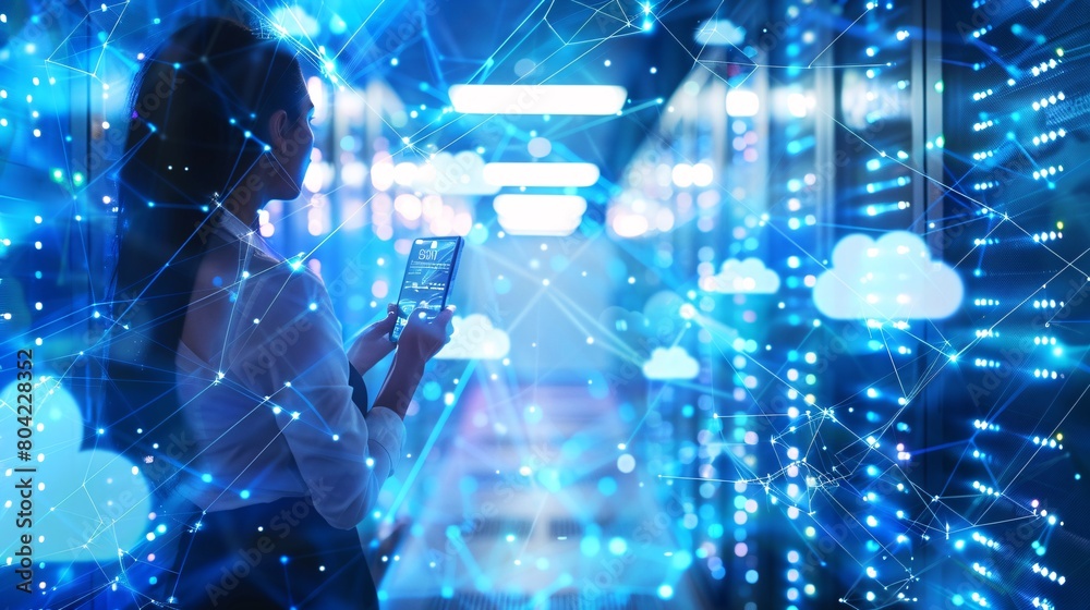 Obraz premium Businesswoman speaks phone and cloud storage technology hologram. Double exposure. Internet server concept.