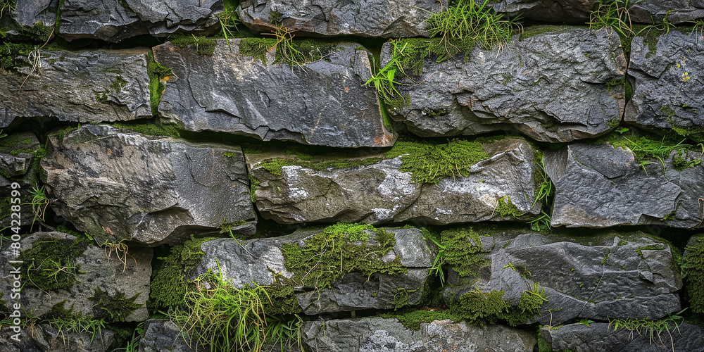 weathered stone walls with moss growing between the cracks, adding rustic charm and texture to architectural designs