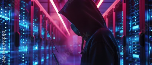 The image shows a hacker in a hoodie standing in the middle of a data center full of rack servers using his laptop to hack into it.
