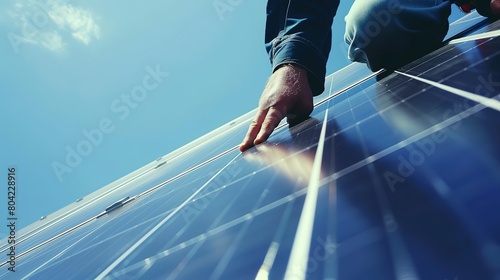 Wallpaper Mural Close-up of engineer's hand adjusting a solar panel, clear blue sky backdrop, focus on green energy solutions.  Torontodigital.ca