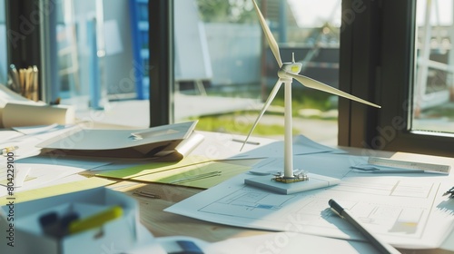 Detailed image of a small wind turbine model on an engineerâ€™s desk, concept of designing renewable energy solutions. 