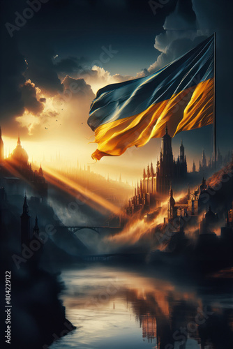 Blue and yellow Flag of Ukraine waving in the wind under city