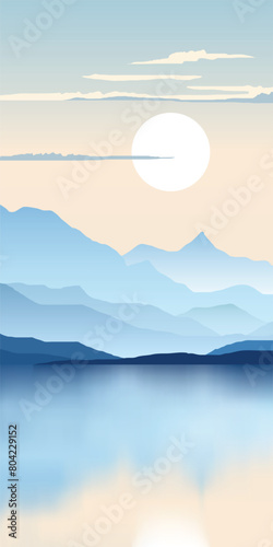 Mountain lake at dawn, morning light and sun, scenic reflection, vertical banner, vector illustration