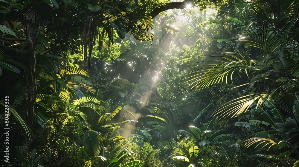 Obraz premium Rainforest Canopy: Deep within the rainforest, the dense canopy filters the sunlight, casting a dappled light on the lush greenery and exotic wildlife below