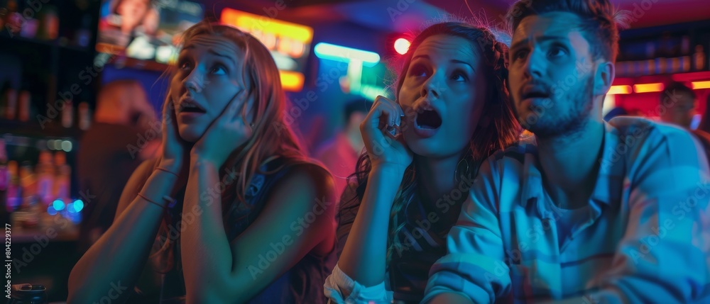 Obraz premium Watching TV at the bar, a tragic news story unfolds. Young people are horrified, saddened, and shocked.