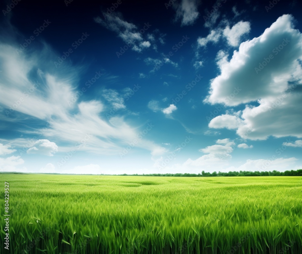 Vibrant Green Grass Field Under Blue Sky with Wispy Clouds Vibrant Green Grass Field Under Blue Sky with Wispy Clouds