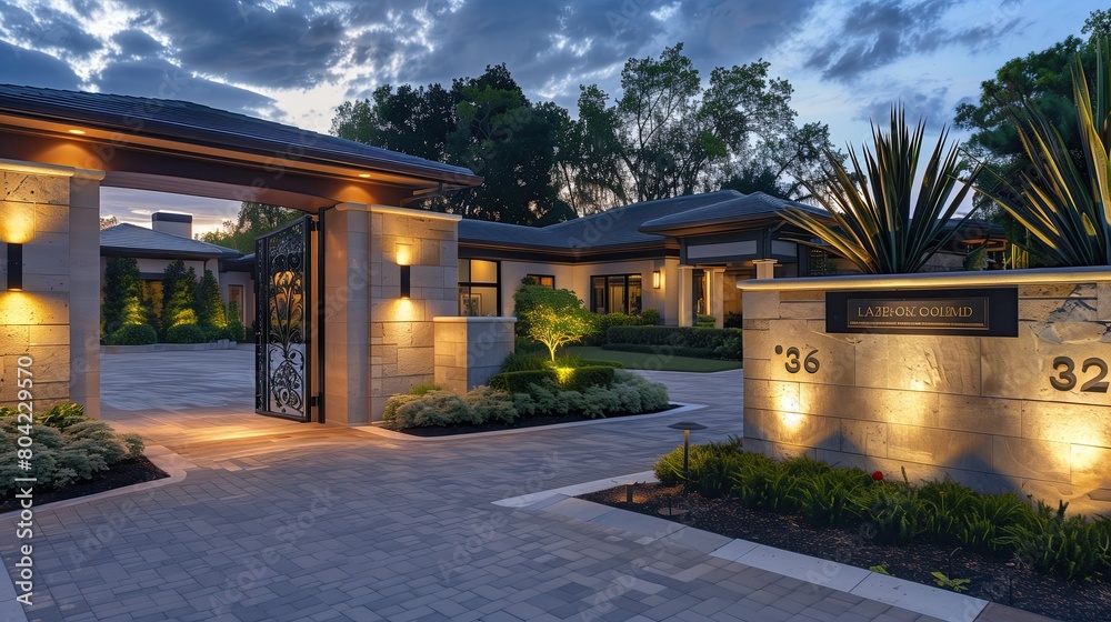 A luxury home entrance with a custom address plaque and designer outdoor lighting A luxury home entrance with a custom address plaque and designer outdoor lighting
