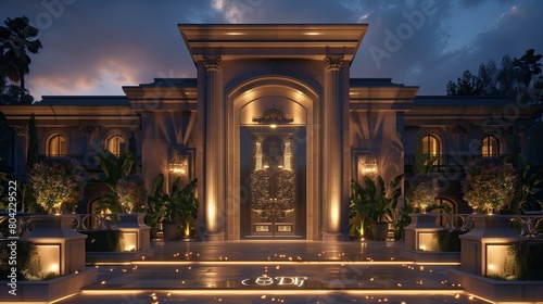 A luxury home entrance with a dramatic uplighting and a custom nameplate photo