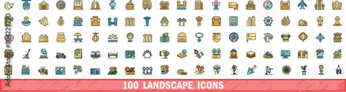 100 landscape icons set. Color line set of landscape vector icons thin line color flat on white