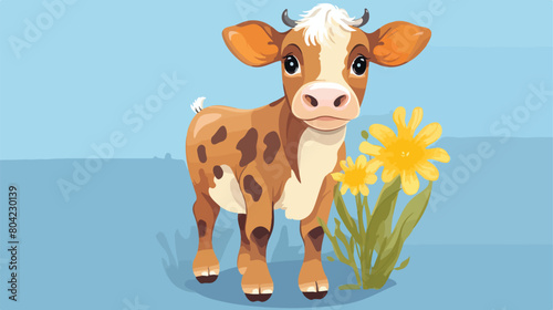 cute Cow tiny small wild animal hugging a flower Isol
