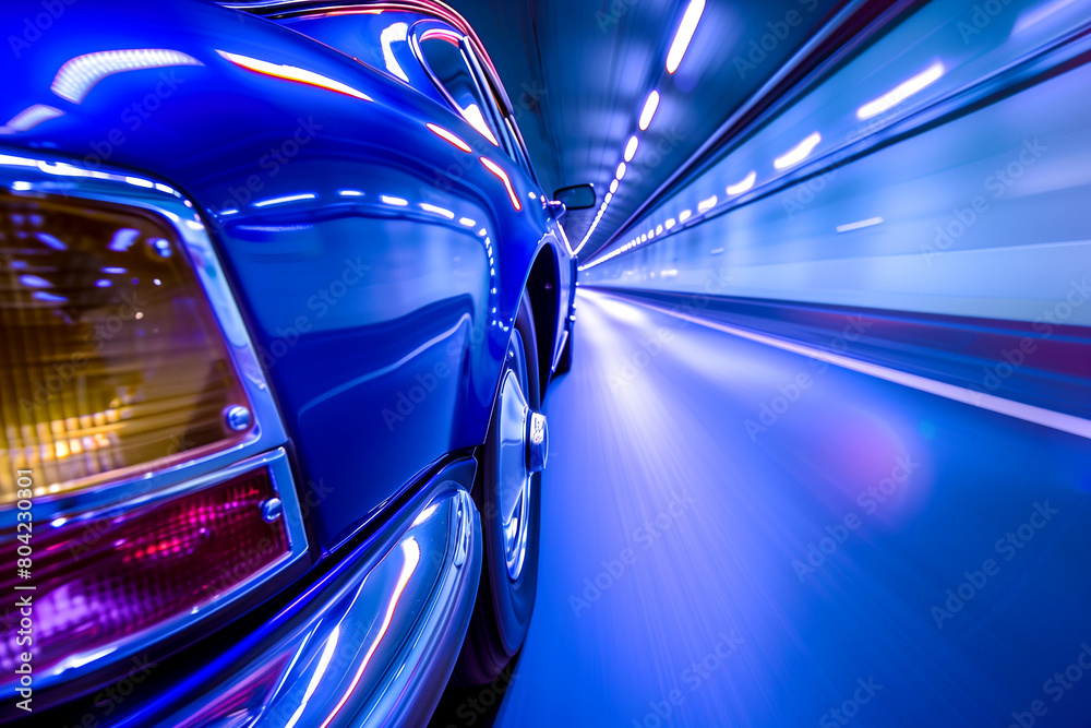 Blue car with automotive tail lights drives through tunnel at night