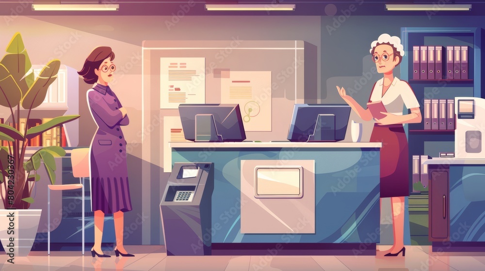 An image of a bank manager talking with a senior customer in an office. Modern illustration of an employee and senior customer with atm equipment, electronic queue equipment, computers on desks, An image of a bank manager talking with a senior customer in an office. Modern illustration of an employee and senior customer with atm equipment, electronic queue equipment, computers on desks,