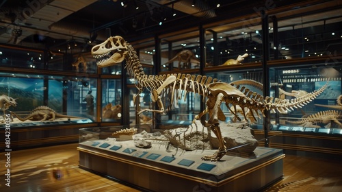 The paleontology jurassic display hall houses a stegosaurus dinosaur fossil, as well as a pterodactyl skeleton and ancient dinosaur footprints. photo