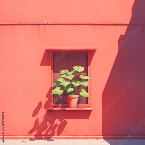 Captivating Vignette of a Single Houseplant in a Bright Red Windowbox - Ideal for Real Estate Marketing and Interior Design Projects photo