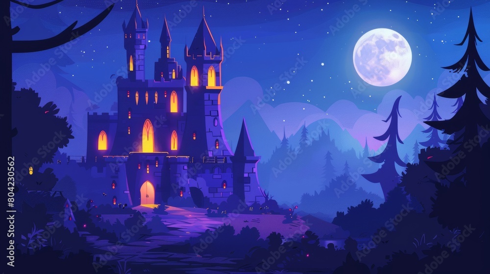 In a medieval castle against a night forest landscape, a yellow light shines through the windows of a stone tower, the moon glows, and stars shimmer in the evening sky.