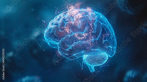  a human brain  glowing with intricate connections  as if mid-thought. Semi-transparent skull overlay adds depth  against a blue-toned backdrop. Created using futuristic design  bioluminescent effects
