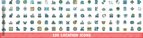 100 location icons set. Color line set of location vector icons thin line color flat on white