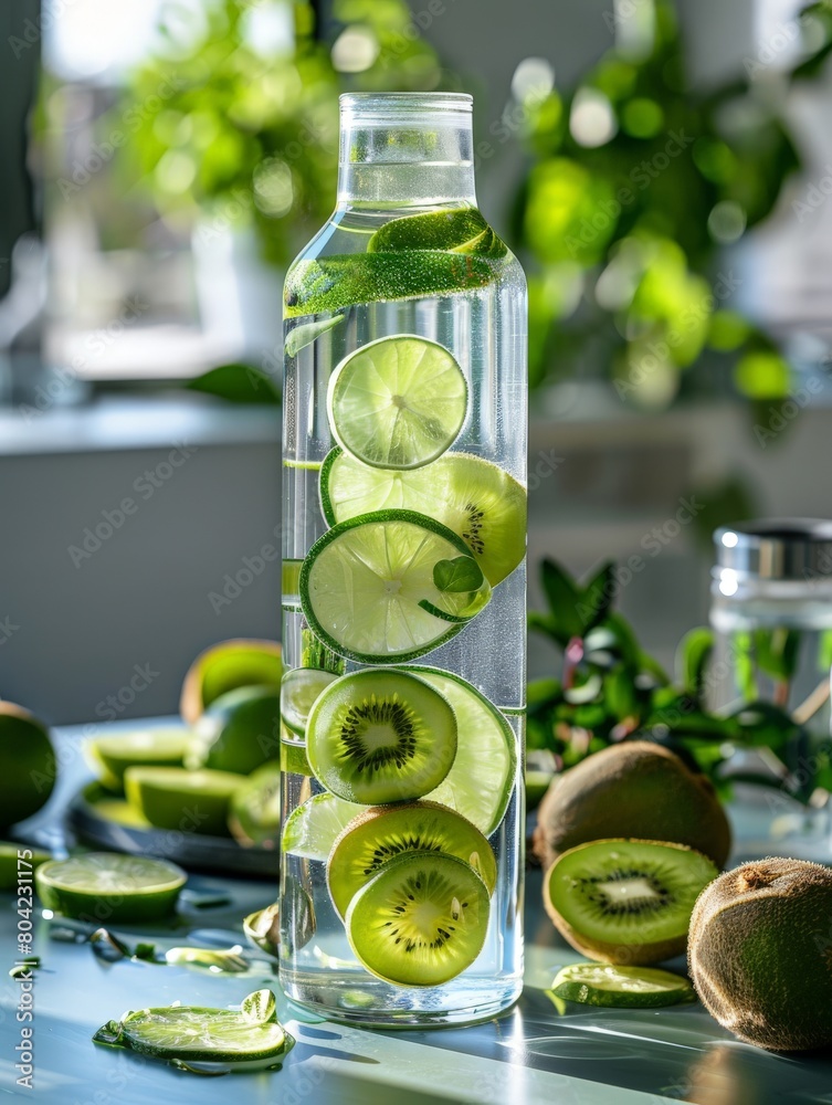 Unbranded glass water bottle with kiwi and lime water, creative and refreshing. Unbranded glass water bottle with kiwi and lime water, creative and refreshing.