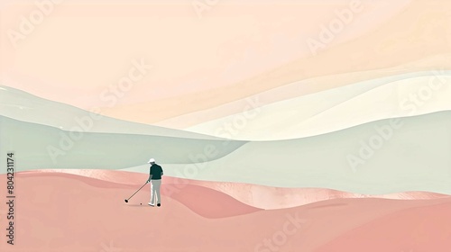 A minimalist golfer silhouette standing on a golf green  abstract pastel landscape  evoking calm and focus. 
