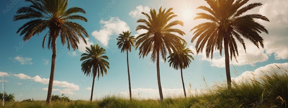 Fototapeta premium Summertime backgrounds set with palm trees, summer sun and brush strokes for your graphic design, Sunny Days