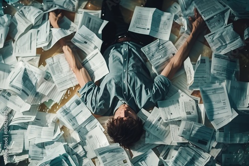 Stressed Individual Overwhelmed by Financial Documents photo