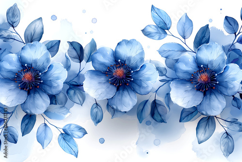 A blue flower bouquet with three flowers and leaves