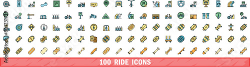 100 ride icons set. Color line set of ride vector icons thin line color flat on white