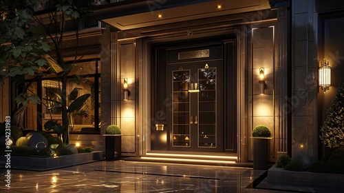 A luxury home entrance with a smart lighting system and a custom-designed mailbox