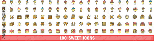 100 sweet icons set. Color line set of sweet vector icons thin line color flat on white