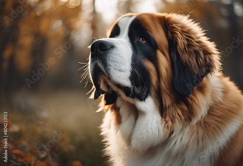 AI generated illustration of a large brown and white Saint Bernard dog basking in the sun s glow