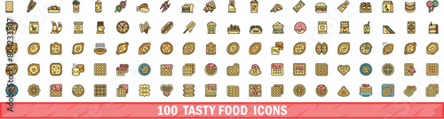 100 tasty food icons set. Color line set of tasty food vector icons thin line color flat on white
