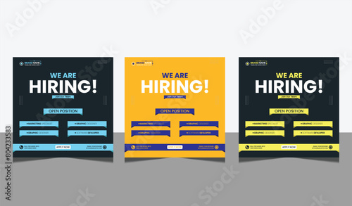 We are hiring job position square banner or social media post. Vacancy banner design finds a job.