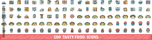 100 tasty food icons set. Color line set of tasty food vector icons thin line color flat on white