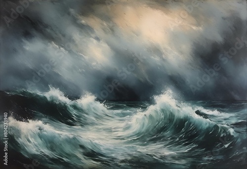 AI generated illustration of a wave painting decorates a room wall © Wirestock